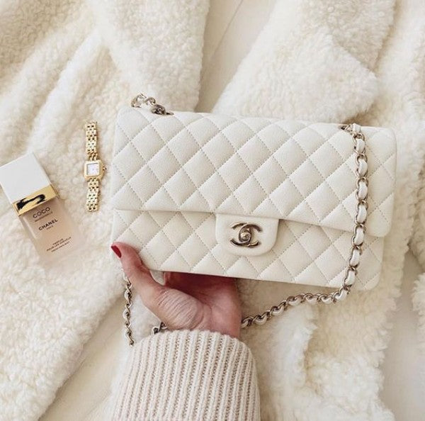 Chael Claic Flap Bag Quilted Gold tone Jumbo Shoulder Bag With OG Box & Dust Bag (White - 114)