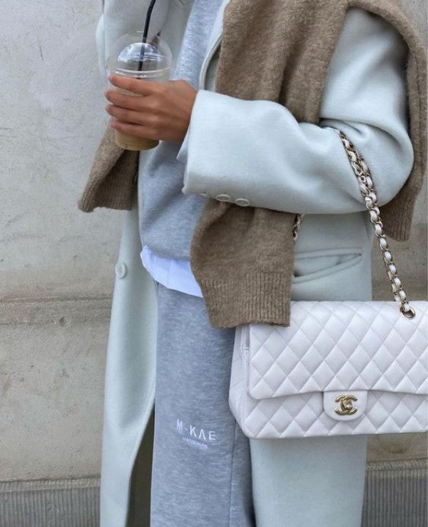 Chael Claic Flap Bag Quilted Gold tone Jumbo Shoulder Bag With OG Box & Dust Bag (White - 114)