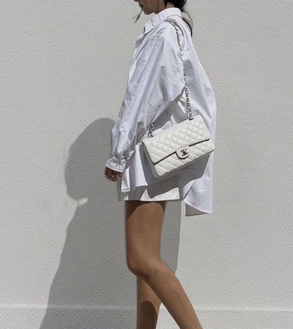 Chael Claic Flap Bag Quilted Gold tone Jumbo Shoulder Bag With OG Box & Dust Bag (White - 114)