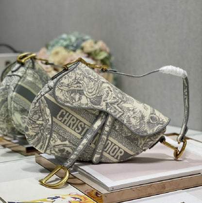 Dir Sdle Bag In Grey Toile De Jouy Embroidery With OG Box & Dust Bag (Grey Tiger - 496)Women Handbag