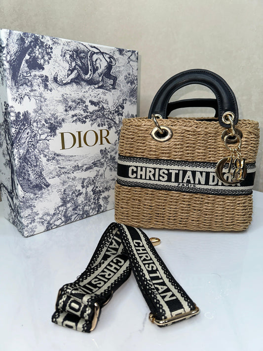 Chrtian Dir Mini Lady Natural Wicker With Box & Dustbag Women Handbag With OG Box