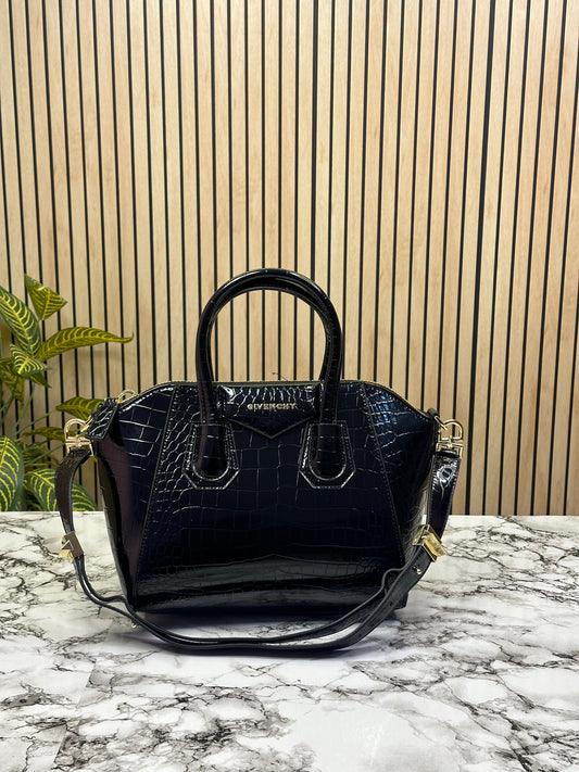 GINCHY BLACK GLOSSY CROCO PRINT HANDBAG Women Handbag