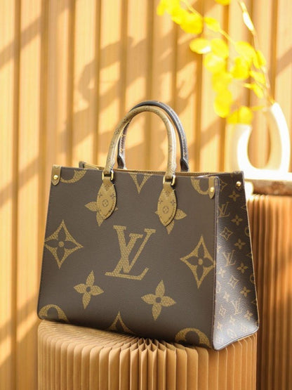 Lous Vuiton LV On The Go Monogram and Monogram Reverse Premium Leather Tote Bag With Dust Bag (Brown - 189) Women BAG