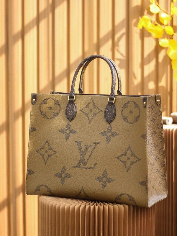 Lous Vuiton LV On The Go Monogram and Monogram Reverse Premium Leather Tote Bag With Dust Bag (Brown - 189) Women BAG