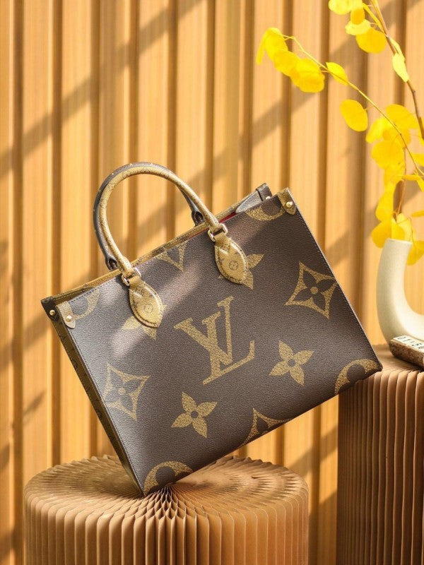 Lous Vuiton LV On The Go Monogram and Monogram Reverse Premium Leather Tote Bag With Dust Bag (Brown - 189) Women BAG