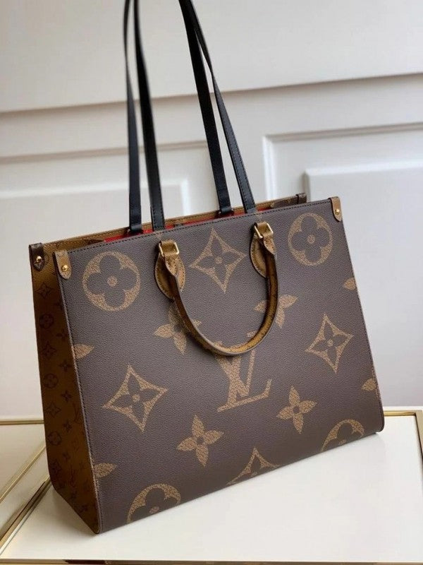 Lous Vuiton LV On The Go Monogram and Monogram Reverse Premium Leather Tote Bag With Dust Bag (Brown - 189) Women BAG