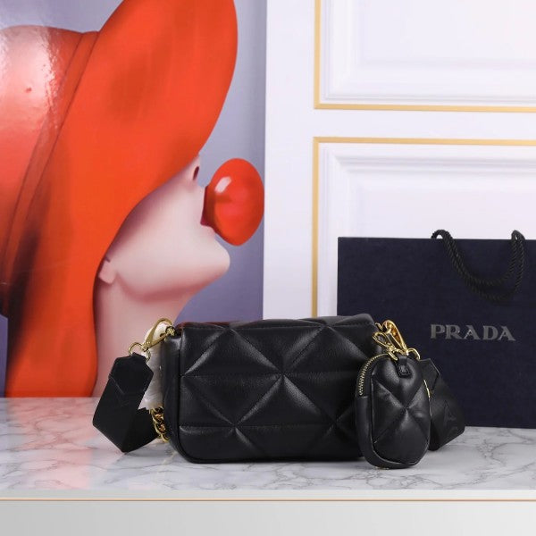 Prda System Nappa Bag With Prada Iconic Triangle Design Pochette Bag With OG Box & Dust Bag (Black - 271) Women BAG