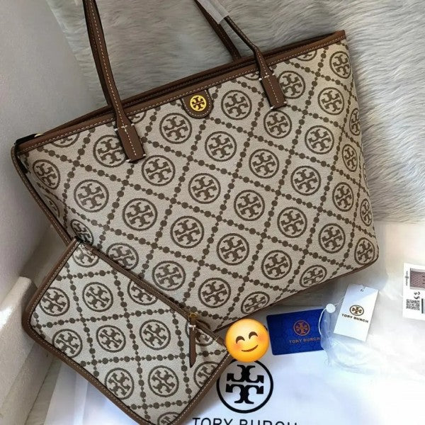 Toy Buch T Monogram Tote With OG Box & Dust Bag & Extra Pouch (Brown - 634) Women Bag