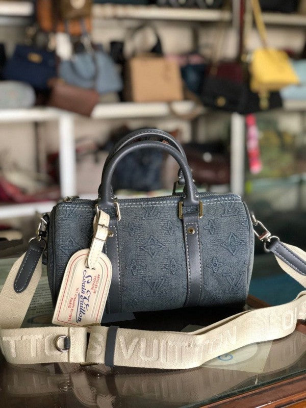 Lous Vuiton LV M22762 Keepall Bandouliere Monogram Travel Speedy With OG Magnetic Box & Dust Bag (Denim - 641) Women BAG