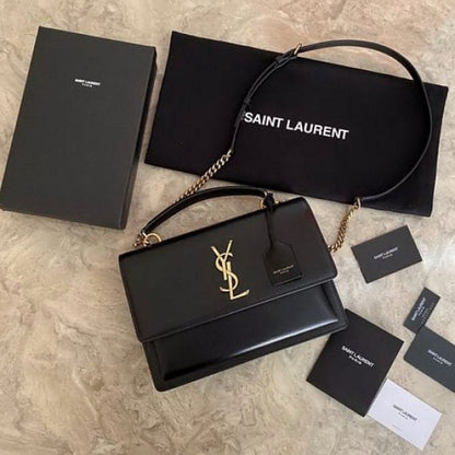 YL Sant Laurent Sunset Premium Shoulder Bag With OG Double Magnetic Box & Dust Bag (Black - Gold - 936) Women BAG