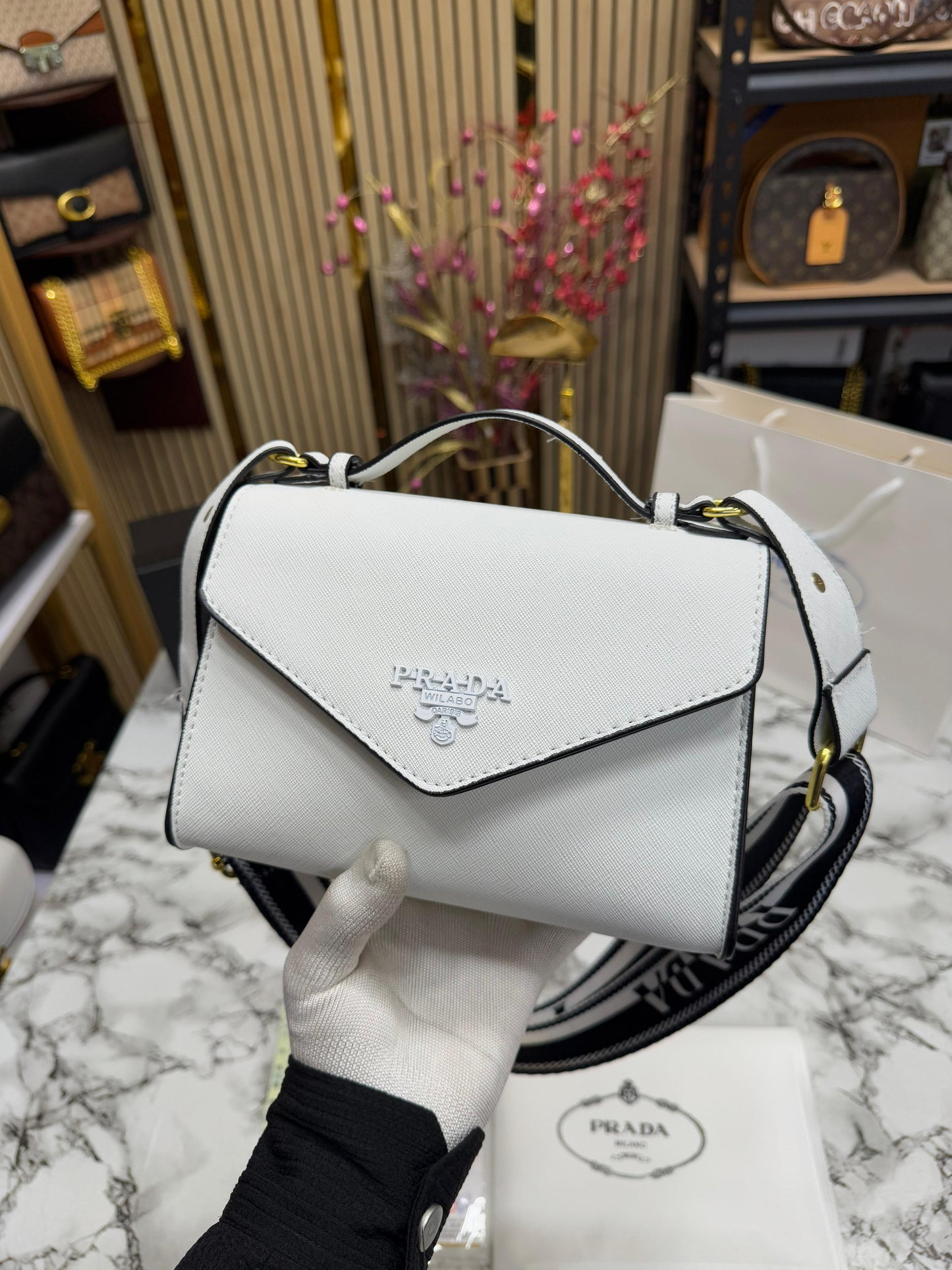 PRDA MONOCHROME SAFFIANO LEATHER SHOULDER BAG WITH BOX AND CARRY Women Bag